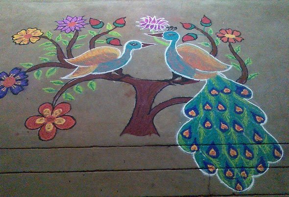 freehand rangoli with peacock